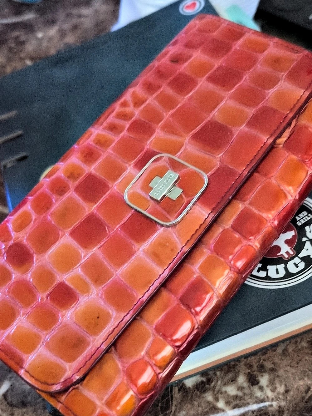 Cocco Fiore Crocodile-Embossed Wallet in Red & Orange